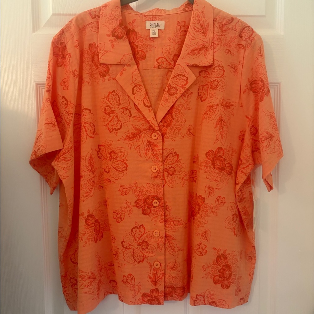 NWT, a.n.a Women's Vibrant Orange Floral Button Down Shirt